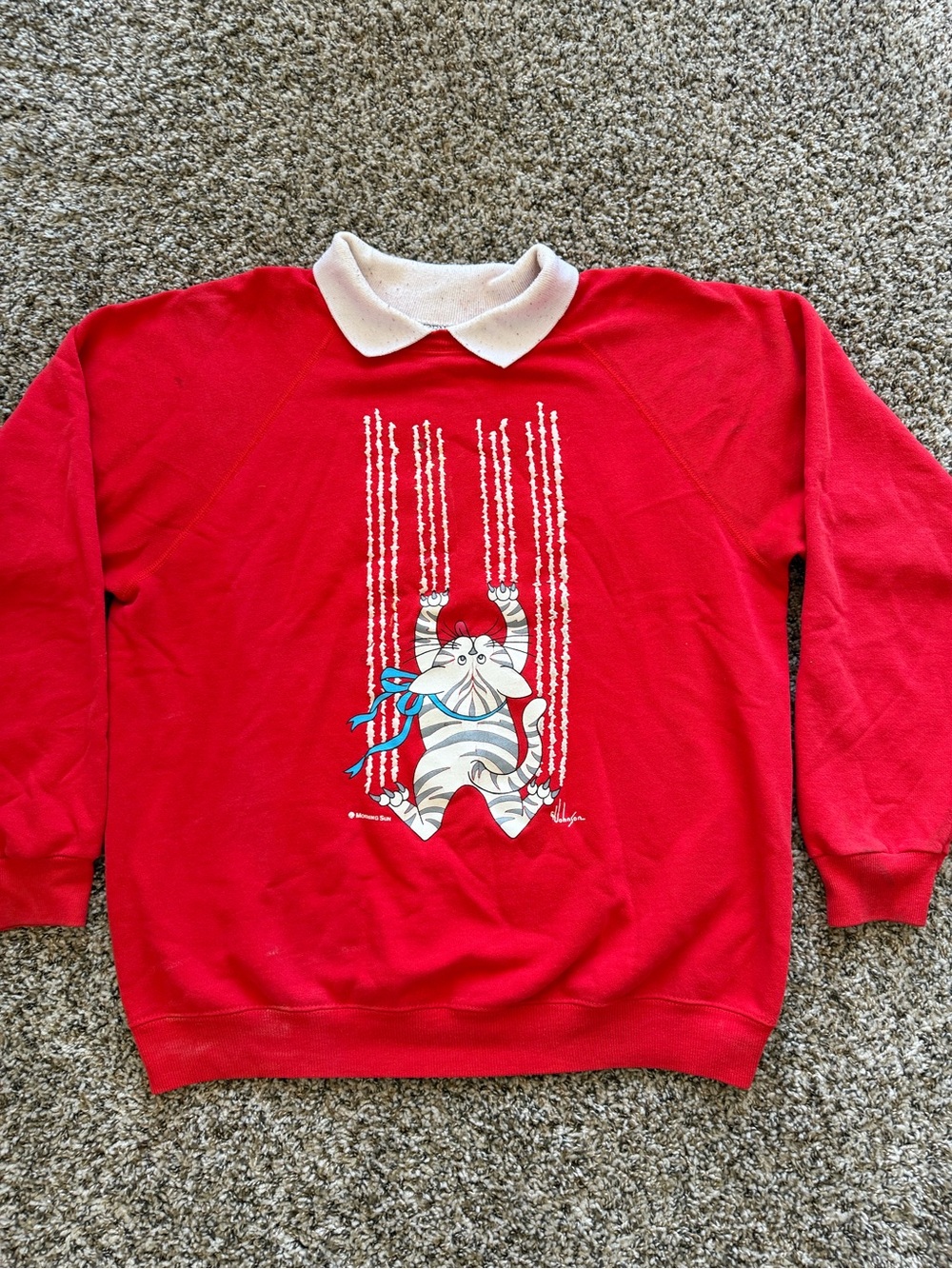 VINTAGE Morning Sun Womens Sweater Size XL Red Kitten Scratch Cat Grandma